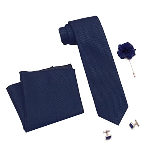RIZORO Tie for Men – Self Silk Neck Ties Set with Cufflinks Flower Pin, Pocket Square & Black Gift Box, Combo Necktie Sets for Office Wear, Formal Suits & Weddings (NAVY BLUE, SIDINBRX)
