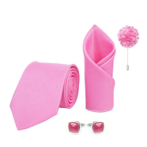RIZORO Tie for Men – Self Silk Neck Ties Set with Cufflinks Flower Pin, Pocket Square & Black Gift Box, Combo Necktie Sets for Office Wear, Formal Suits & Weddings (Pink, SIDIPKRX)