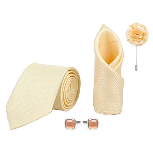 RIZORO Tie for Men – Self Silk Neck Ties Set with Cufflinks Flower Pin, Pocket Square & Black Gift Box, Combo Necktie Sets for Office Wear, Formal Suits & Weddings (Ivory Beige, SIDIBGRX)