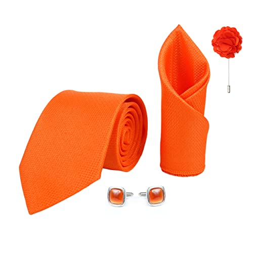 RIZORO Tie for Men – Self Silk Neck Ties Set with Cufflinks Flower Pin, Pocket Square & Black Gift Box, Combo Necktie Sets for Office Wear, Formal Suits & Weddings (Carrot Orange, SIDIOGRX)