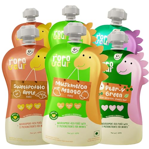 Rorosaur Baby Food Puree Pouch Combo | Fruit & Veggie Purees for 6+ Months | Ready to Eat | Made with Mango, Apple, Spinach, Pear | 100% Natural Healthy, No Preservatives, No Sugar | 100g each,Pk of 6