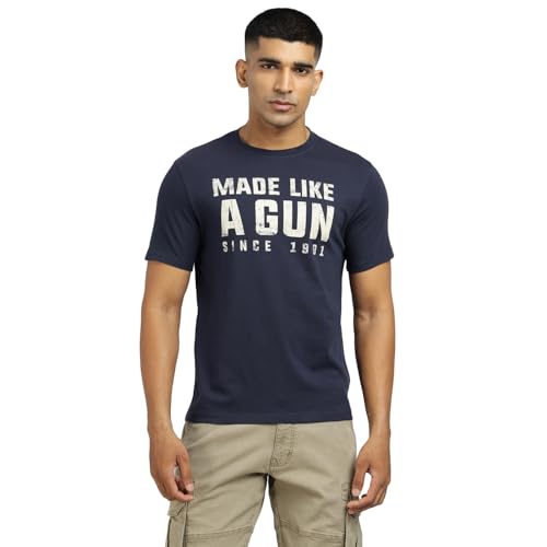 Royal Enfield MLG Tshirt | Fabric: 100% Cotton 190 GSM | Distressed Made Like A Gun Graphic on the Chest Reflective Royal Enfield Branding on the Back Navy XL