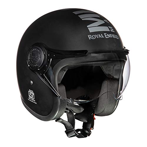 Royal Enfield Open Face MLG Helmet |Made Like a Gun | with Clear Visor | Impact Protection | High Density EPS | ISI and DOT Certified | Micrometric Lock MATT Black (XL) 62 CM