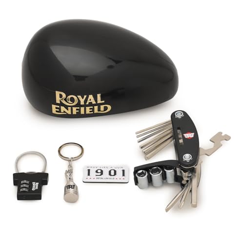 Royal Enfield Tribe 1901 Metal Premium Welcome Kit Wing Logo Piston Keychain | MLG 1901 Fridge Magnet | Number Lock | Multi Tool Allen Key | For Gifitng Bike Enthusisats | Gift For Man, Black