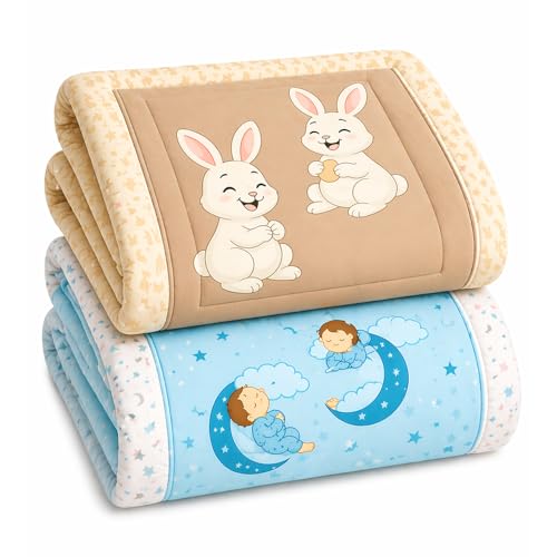RUDRA CREATION Baby Bedding Set with Cotton Mattress, Star Print, 50 x 75 cm, White and Blue, 0-24 Months (Rabbit+Moon)