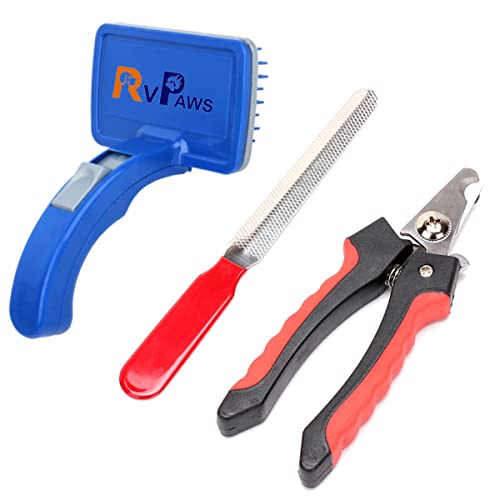 RvPaws Slicker Grooming Brush and Nail Cutter for Dogs and Cats, Spring-Loaded Self-Cleaning Feature, Remove Shedding Hair, Tangles and Matting, Flexible Coated Bristle Tips Small To Large Breeds Dog