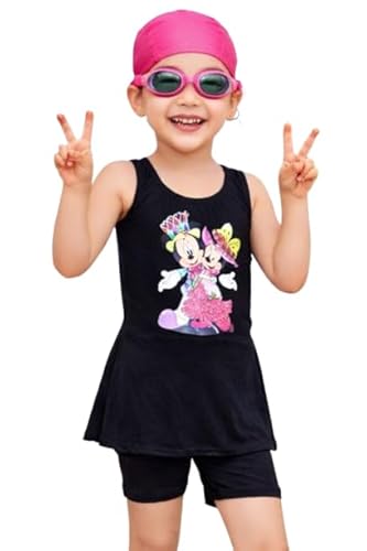 RZLECORT Girls Swimsuit with Cap and Goggles, Black, Minnie Mouse Print, One-Piece Swim Dress Set for Kids (in, Age, 3 Years, 4 Years, Big Girls, Black)