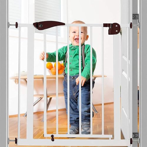 Safe-O-Kid Adjustable 1-Year Warranty Baby Safety Gate (75-95 cm) Durable Metal Child Gate for Kids, Dog Gate, Baby Gate with 2-Way Auto-Close, Secret Lock, No Drill Required (Brown)