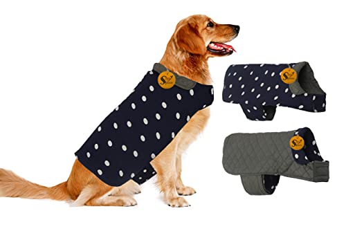 Sage Square Dog Reversible Polka Print Winter Coat – Insulated Jacket with Adjustable Strap, Soft Lining, Stylish Polka Dot Design, Warm, Lightweight, Waterproof (Polka Navy Blue, 6XL - 30 Inch)