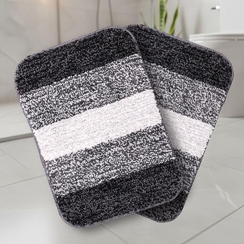 SARAL HOME EASY LIVING Microfiber Striped Rectangle Shaped Anti-Skid Bath Mats | Soft & Super Absorbent Mats for Shower | Washable, Non-Slip & Quick-Drying Mats, 35x50 CM | Pack of 2 (Black)