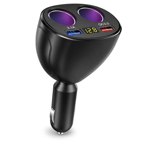SARTE 120W Car Charger Adapter with Dual Cigarette Lighter Socket & Dual USB Fast Charging, LED Voltage Display, 12V/24V Car Power Splitter for Car, SUV, Truck, Bus, Mobile, GPS & Dash Cam (Black)