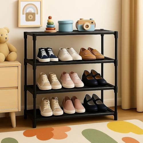 Semizoxis 4 Tier Shoe Rack with Shelf, Folding Shoe Rack for Bedroom, Living Room,Entryway, Black,Footwear Stand for Home, ShoeRack Plastic Home Furniture|Cabinet Shelves