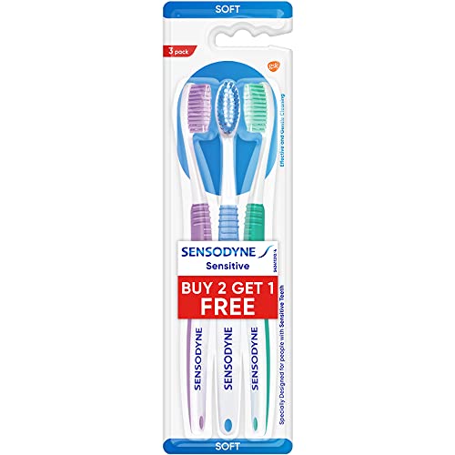 Sensodyne Sensitive Toothbrush | Soft Rounded Bristles Tooth Brush | Effective Cleaning, Gentle on Teeth, Toothbrush Set Pack of 3 (Buy 2 Get 1 Free), Multicolour | Dentist Recommended Brand