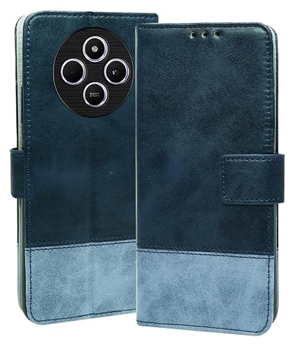SESS XUSIVE Flip Back Cover Case for Redmi A4 5G / Poco C75 5G Dual-Color Leather Finish Inbuilt Stand & Pockets Wallet Style Flip Case for Redmi A4 5G / Poco C75 5G - Blue & Sky Blue