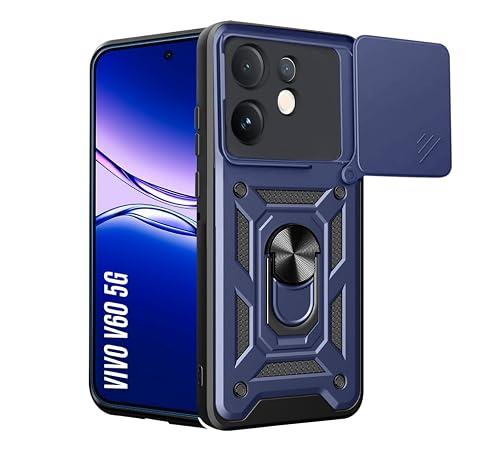 SESS XUSIVE Tough Armor Bumper Back Cover Case for Vivo V60 5G | Sliding Camera Cover, Kickstand & Ring Holder 360 Degree Protection Back Cover for Vivo V60 5G - Blue