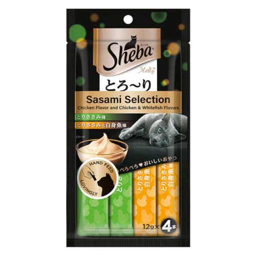 Sheba Melty Premium Lickable Creamy Cat Treats, Sasami Selection Chicken & Chicken & Whitefish Flavors, 4 Packs x 12g, (48g) Creamy Treats for Bonding, All Life Stages