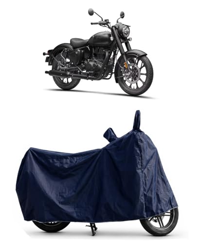Shield Heavy Duty Bike Cover for Royal Enfield Classic 350 | All-Season, Tear-Proof Fabric | with Side Mirror Pocket & Buckle Belt | Royal Enfield Classic 350 Bike Cover (Blue)