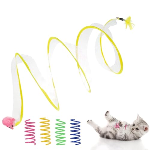 Shopipistic 2 in 1 Combo- Cat Tunnel Toys for Indoor Cats Adult & Kittens with 4 Pc Spring Toys – Interactive Play Collapsible Tunnel with Feather, Bell & Mouse Toy, Pet Toys for Indoor Play- Yellow