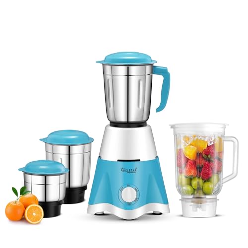 Skystar Star Eco 750 W Juicer Mixer Grinder For Kitchen With 4 Mixer Jars for Juicing, Mixing, and Grinding |Featuring Powertron Motor & Vent-X Technology |White Blue| 2 Years Motor Warranty