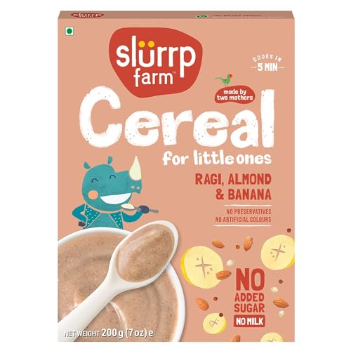 Slurrp Farm No Added Sugar, No Salt Ragi, Almond and Banana Cereal | 100% Sprouted Ragi | Healthy Cereal | No Milk | No Preservatives, 200g