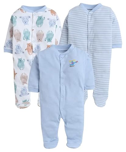 Smiley APPU 100% Cotton Baby Rompers/Sleepsuits/Jumpsuit/Night Suits for Baby Boys & Girls, Infants, New Borns (Light Blue, 3-6 Months)