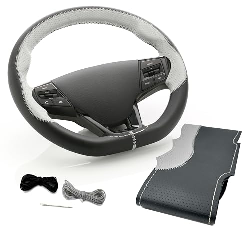 SOFT X Stitching Type Steering Wheel Cover Faux Leather, Sewable, Breathable & Anti-Slip with Sewing Needle & Threads- Premium Handmade Fit Suitable for Tata Nexon 2024+, Silver & Black