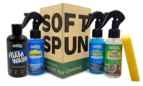 SOFTSPUN Essentials Car Clean & Wash Starter Kit - Made for Cars and Motorcycles 5 Piece Kit, Total 500ml, combined (Shampoo, Windshield Washer, Tyre Polish, Multi-Purpose Cleaner, 1 Foam)