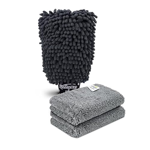 SOFTSPUN Microfiber Single Side 1 Piece Chenille Glove,1700 GSM Grey+20X30cm Cleaning Wipe 2Pcs | Multi-Purpose Super Absorbent and Perfect Wash Cleaning for Bike Auto,Cars Both Interior and Exterior