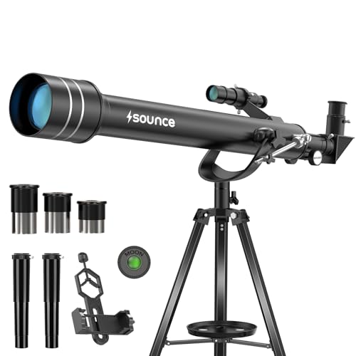 Sounce Astronomical Land Sky Refractor Telescope with 28x 350x Zoom Fully Coated Glass Optics Alt Az Mount for Beginners Professionals to Explore Moon Saturn Rings Planets and Deep Sky Objects (Black)