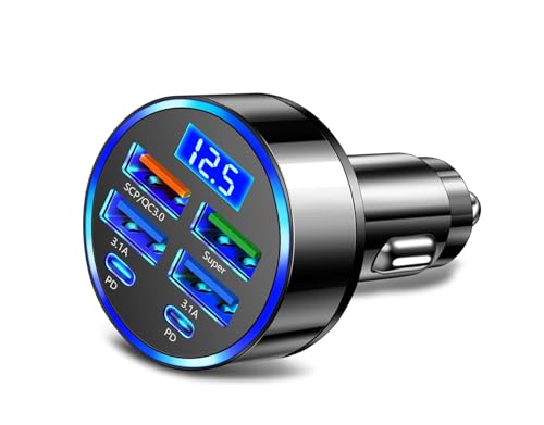 Spiaty 800W Car Charger Adapter, 6-Port Fast Charging USB C Car Charger with 4 USB & 2 Type-C PD Ports, QC3.0 Super Fast Charging, 12V/24V Universal Car Phone Charger for iPhone, Samsung, iPad & More