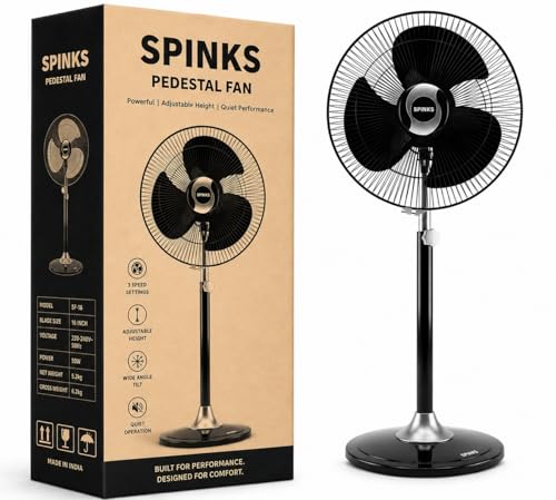 SPINKS COPPER HIGH SPEED 2800 RPM Mark-1 16 Inches 400 MM Bullet Fan Pedestal Fan with Adjustable Height X-Flow Technology Heavy Base 5 Year Manufactured Warranty with Door Step Service Black