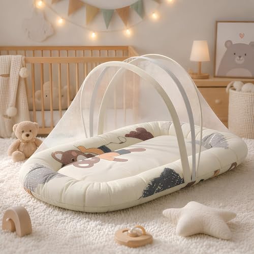 StarAndDaisy 3 in 1 Baby Bedding Set for New Born Baby, Bed Mattress with Mosquito Net & Neck Pillow, Sleeping Nest Travel, Infant Toddler Bed Set Gifts for Baby Boy Girl 0-12 Months (Teddy Print)