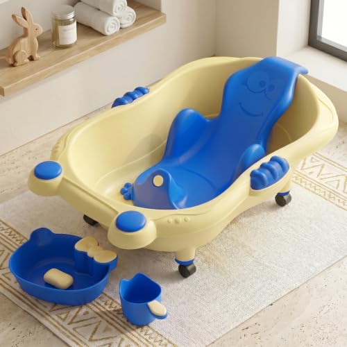 StarAndDaisy AquaNest Baby Bath Tub for Newborn to 5 Years with Ergonomic Baby Bather Seat, 360° Wheels, Bathing Tray & Mug, BPA-Free Kids Bathtub with Drain Plug & Rolling Base
