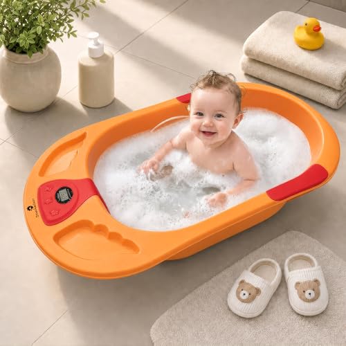 StarAndDaisy Baby Bath Tub for 0 to 5 Years with Temperature Sensing Meter & Anti-Skid Legs/Baby Bathing Tub for Newborn & Toddlers/Kids Bath Tub (SBT-Orange Red)
