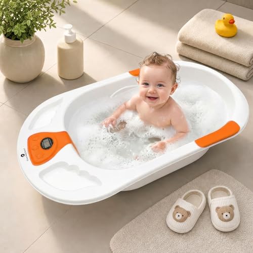 StarAndDaisy Baby Bath Tub for 0 to 5 Years with Temperature Sensing Meter & Anti-Skid Legs/Baby Bathing Tub for Newborn & Toddlers/Kids Bath Tub (SBT-White Orange)
