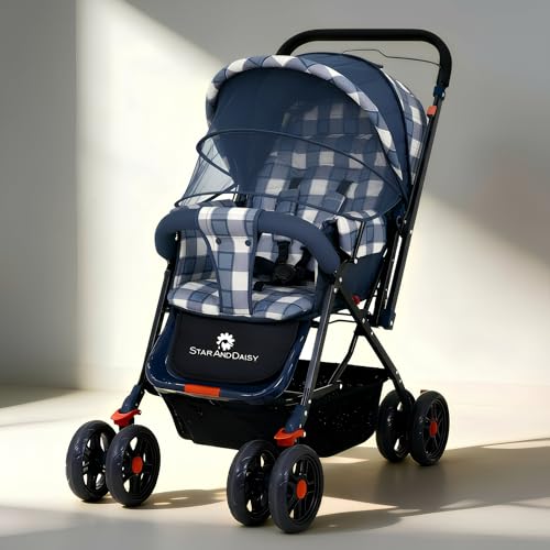StarAndDaisy Baby Stroller for 0–3 Years, Foldable Baby Stroller/Pram with Mosquito Net, Large Storage Basket, 5 Point Safety Harness