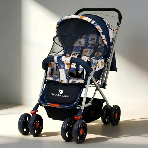 StarAndDaisy Baby Stroller for 0–3 Years, Foldable Baby Stroller/Pram with Mosquito Net, Large Storage Basket, 5 Point Safety Harness
