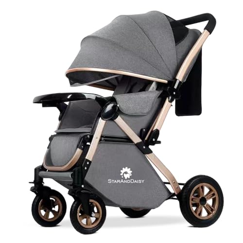 StarAndDaisy Baby Strollers/Pram for 0-3 Y Girl & Boy with Foldable Design, Food Tray, 4 Wheel Suspension, Convertible& Adjustable Seat, 5 Point Safety Belt, Light Weight & Convenient -(Beige)