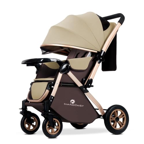 StarAndDaisy Baby Strollers / Pram for 0-3 Year Boys & Girls with Foldable Design, Food Tray, 4 Wheel Suspension, Easy to Convertible& Adjustable Seat, 5 Point Safety Belt, Light Weight & Convenient-Beige