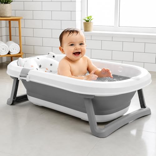 StarAndDaisy Bath Tub for Baby 0-5 Years/Foldable Bath tub for Kids with Cushion, Space Saving Design, Newborn Baby Folding Bathing Tub Girls & Boys, Easy to Store tub -Grey