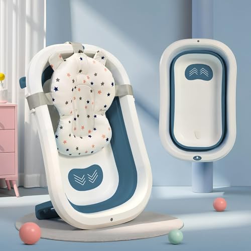 StarAndDaisy Bath Tub for Baby 0-5 Years/Foldable Bath tub for Kids with Cushion, Space Saving Design, Newborn Baby Folding Bathing Tub Girls & Boys, Easy to Store- Dark Blue