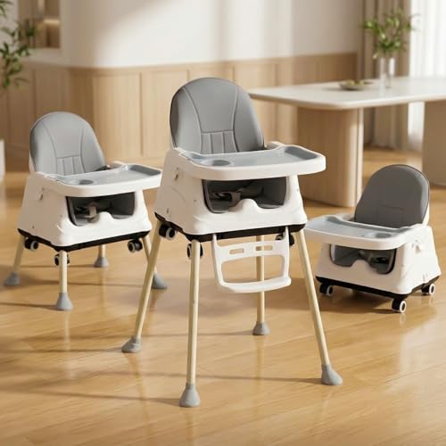 StarAndDaisy High Chair for Baby/Baby Feeding Chair for 0 to 5 Years with 4 in-1 Multifunctions/High Chair with Wheels, Height Adjustable, Detachable Tray & 3-Point Safety Belt (Grey)
