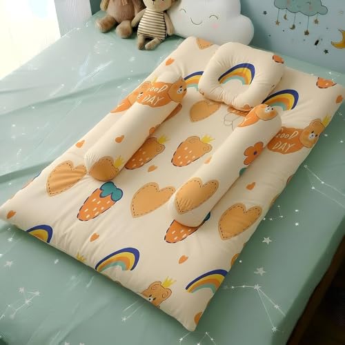 StarAndDaisy Newborn Baby Bedding Set, Baby Bed Soft & Breathable, Godari Boys & Girl Design, Cushioned Mattress Sheet with 2 Side Bolster Pillows & 1 Head Pillow- Rainbow Print