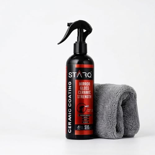 STARQ Ceramic Coating Spray 400ml with 600 GSM Microfiber Cloth (60x40 cm), Extreme Hydrophobic Protection, High Gloss Finish, Advanced UV Protection, Easy DIY Ceramic Coating for Cars & Bikes