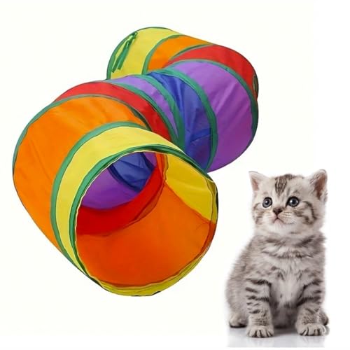 STORE 2508 Foldable Cat Tunnel Toy 130 cm Long – Colourful Interactive Pet Play Tunnel with Peek Hole Hanging Ball Collapsible Design for Cats Kittens Puppies Rabbits Indoor Play