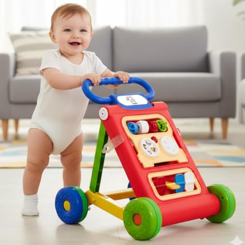 Storio Baby Activity Walker for 6–18 Months | Push Walker with Interactive Play Panel | Foldable Non-Toxic Walker with Wide Base for Stability | Learning Toy for Boys & Girls - Red