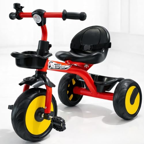 Storio Kids Tricycle with EVA Wheels, Bell & Front & Rear Basket | Sturdy Baby Trike for Boys & Girls Age 2–5 Years | Comfortable Seat, Anti-Skid Wheels, Durable Frame | BIS Certified Kids Cycle - Red