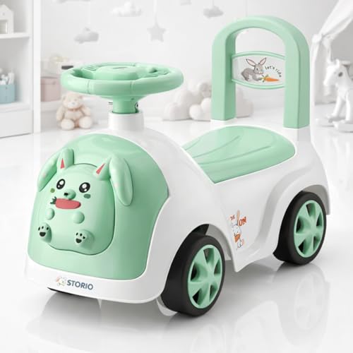 Storio Rabbit Baby Ride-On Car Toy | Non-Battery Push Car for Kids with Backrest & Steering Wheel | Baby Ride On Toy for Boys & Girls 1–3 Years | Green
