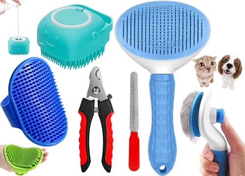 Styllent 4‑in‑1 Pet Grooming Set – Self‑Cleaning Slicker Deshedding Brush + Silicone Bath & Massage Tool + Adjustable Rubber Bath Scrubber + Ergonomic Nail Clippers – for Dogs & Cats