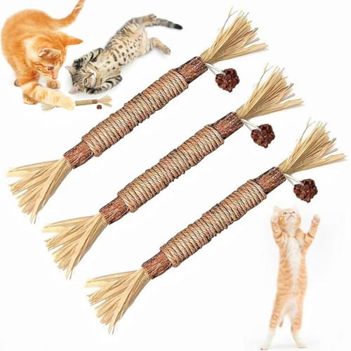 Sunkizzrs® Silvervine Stick 3-Pcs (Φ1 x 21cm) with Sisal Rope & Gall Fruit & Raffia Palm —Matatabi Stick for Cat Teeth Cleaning —Interactive Catnip Toy Set —Chew & Scratch Kittens Toys (Medium)